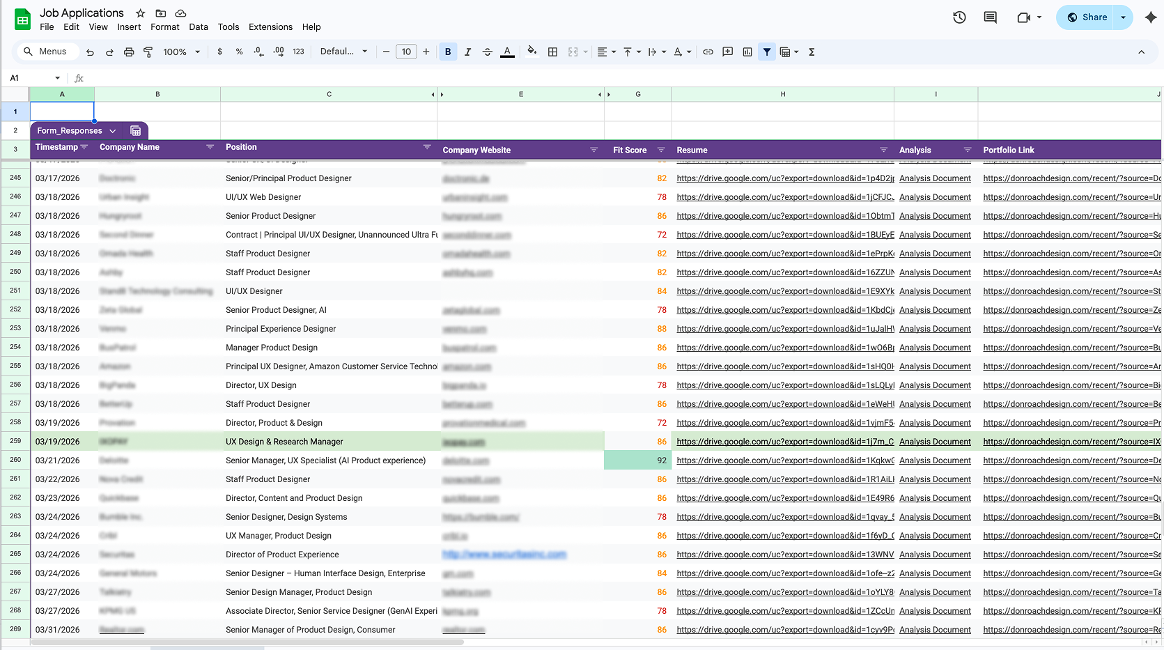 Tracking spreadsheet showing tailored resume outputs, company, title, resume link, fit statement, keyword coverage, and portfolio URL per application