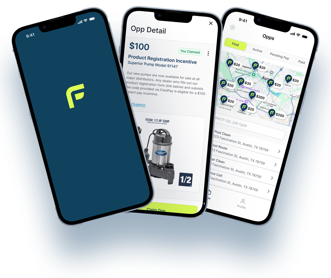 FieldPay Talent app, mobile opportunity and payout screens